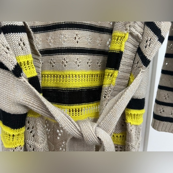 The Limited Cream Yellow Black Striped Open Front Belted Cardigan Sweater sz Med - Picture 7 of 9